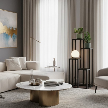 Kwietnik z lampą Coral XL, 100 cm elegancki, czarny metalowy stojak. Połączenie kwietnika i oświetlenia do salonu i sypialni