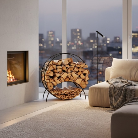 stojak na drewno kominkowe, metalowy stojak na opa³ loft, pó³okr¹g³y stojak na drewno, Ringo Arc M, kosz na drewno czarny