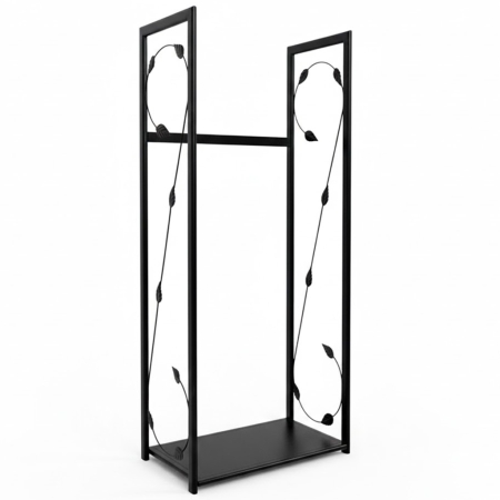 Du¿y, pionowy stojak na drewno VertiLeaf L. Metalowy stojak z geometrycznym wzorem. Designerski dodatek do kominka w stylu loft/
