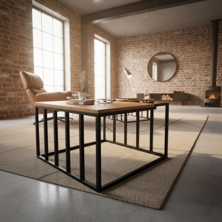 Vetro to kwadratowy stolik dekoracyjny o artystycznej formie, ³¹cz¹cy czarn¹ metalow¹ konstrukcjê z blatem wykonanym z p³yty lam