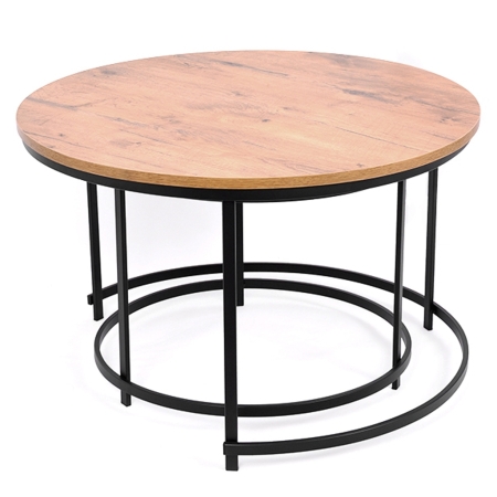 Okr¹g³y stolik Aristo Grande 80 cm. Du¿y stolik kawowy lub pomocniczy z dêbowym blatem i czarnym metalowym stela¿em. Styl skandy