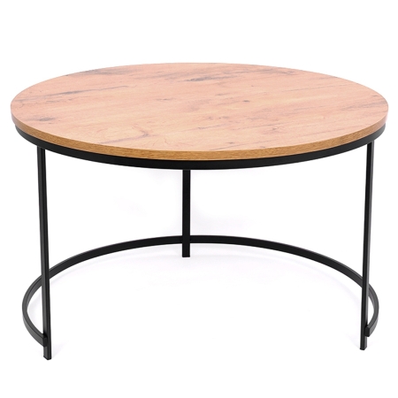Okr¹g³y stolik Aristo Grande 80 cm. Du¿y stolik kawowy lub pomocniczy z dêbowym blatem i czarnym metalowym stela¿em. Styl skandy