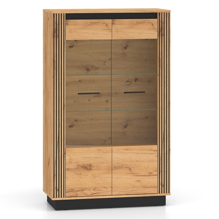 Witryna dwudrzwiowa AMBER 05 dąb craft 92 cm – przeszklona witryna z półkami i opcją LED