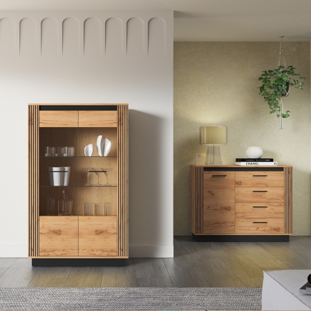 Witryna AMBER 05 – przeszklona niska witryna z półkami