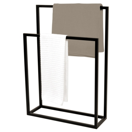 Elegancki, podwójny wieszak na ręczniki Casia II. Wykonany z trwałego, czarnego metalu. Stabilna konstrukcja na podstawie