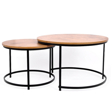Komplet stolików Aristo. Zestaw zagnie¿d¿anych okr¹g³ych stolików z dêbowym blatem i metalowymi nogami. Idealny do salonu w styl
