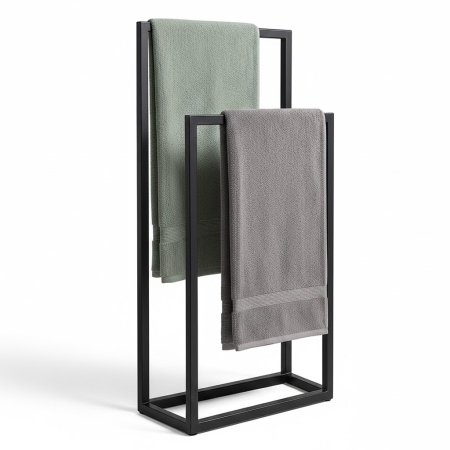 Elegancki, podwójny wieszak na rêczniki Casia II. Wykonany z trwa³ego, czarnego metalu. Stabilna konstrukcja na podstawie, ideal