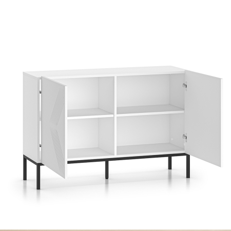 Komoda Nordic Shine 03 biała 114 cm | Frezowana na metalowej podstawie | Jodełka