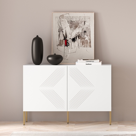 Komoda Nordic Shine 03 biała 114 cm | Frezowana na metalowej podstawie | Jodełka