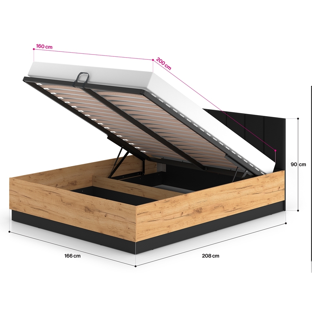 Lóżko z tapicerowanym czarnym zagłowiem, loftowe dąb  craft 160