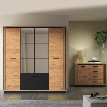 Szafa AMBER 01 – czterodrzwiowa szafa z lustrem i szufladami